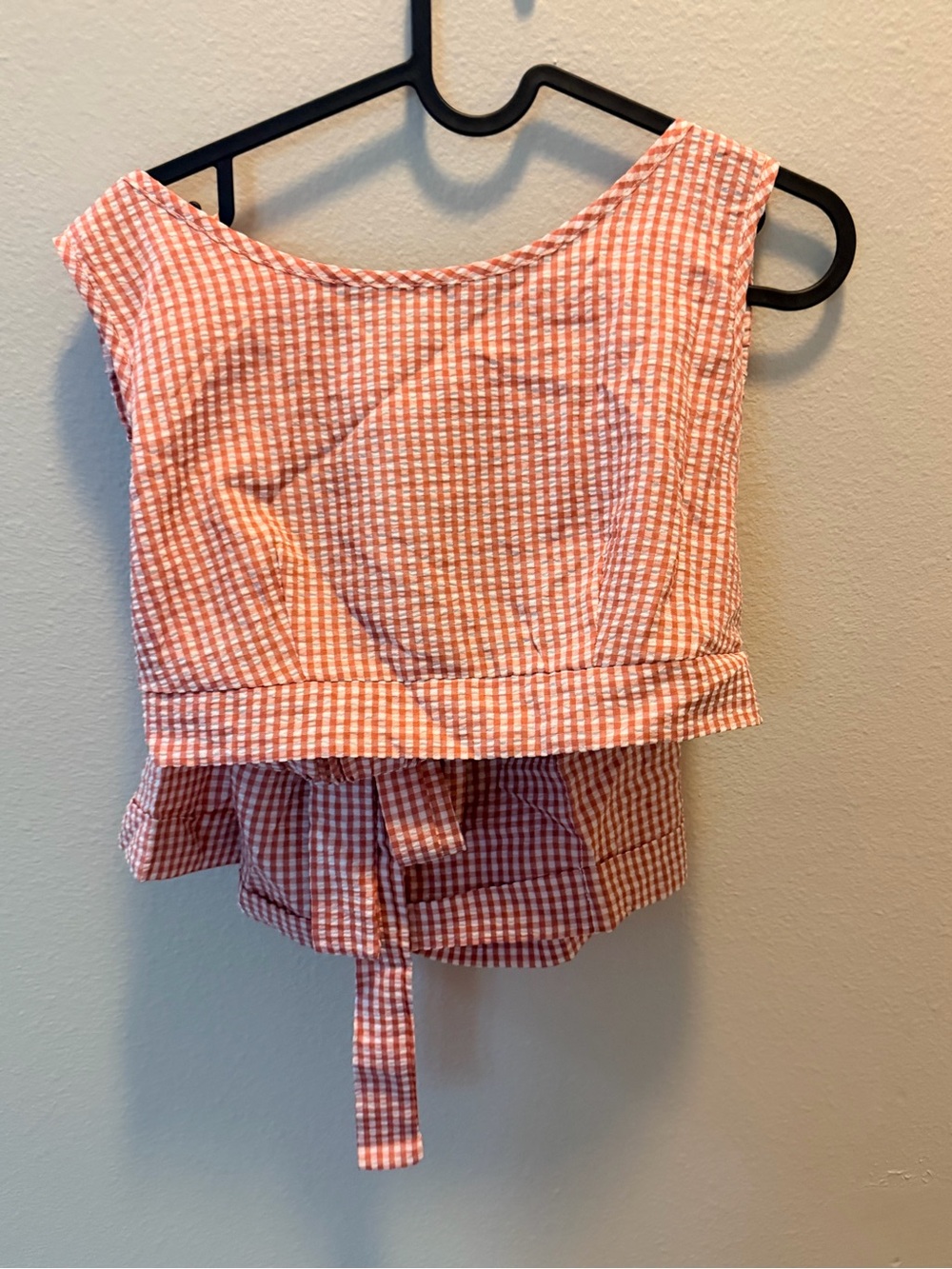 SHEIN Pink & White Gingham Open Back Crop Top with Shorts - Size 6